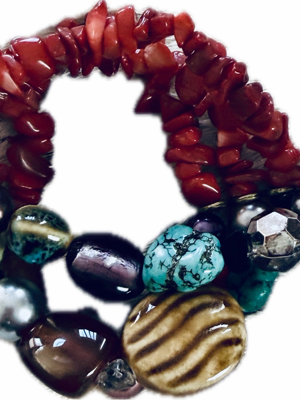 Hand crafted Multicolor Beaded stretch bracelet with Turquoise and Coral stones. - Picture 4 of 8